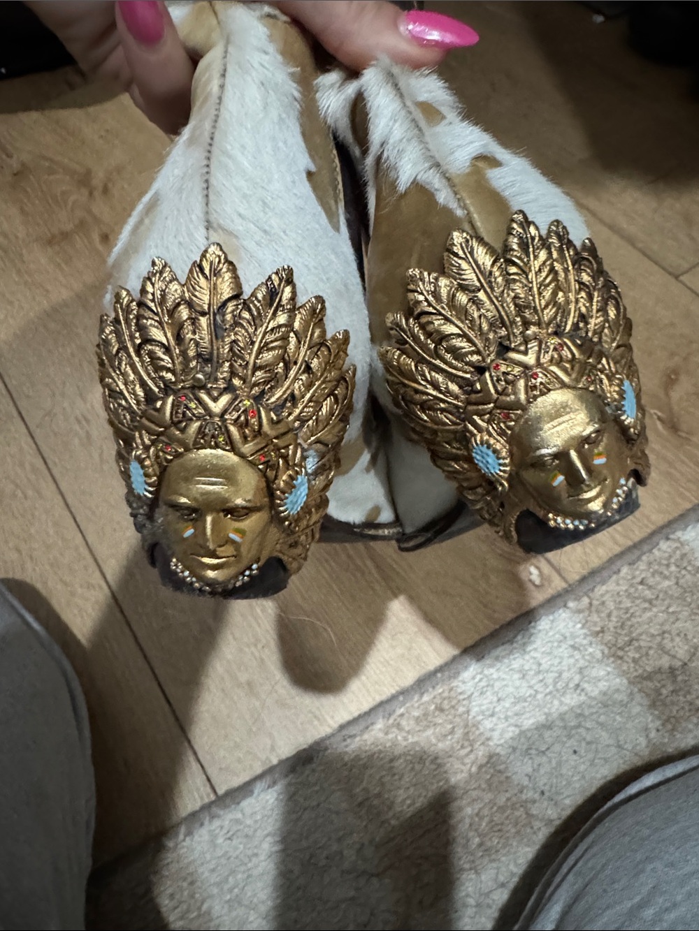 Gold-Embellished Cowhide Ankle Booties with Tribal Medallion vintage *price firm - Picture 1 of 7